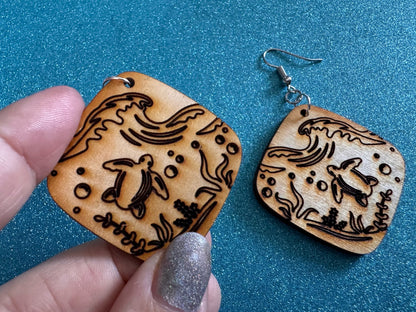 Turtle Earrings: Laser Cut Wooden Sea Creatures, Ocean, Hawaii, Green Sea Turtle, Diving, Divers, Aquatic, Best Gifts for Her/Him/Them