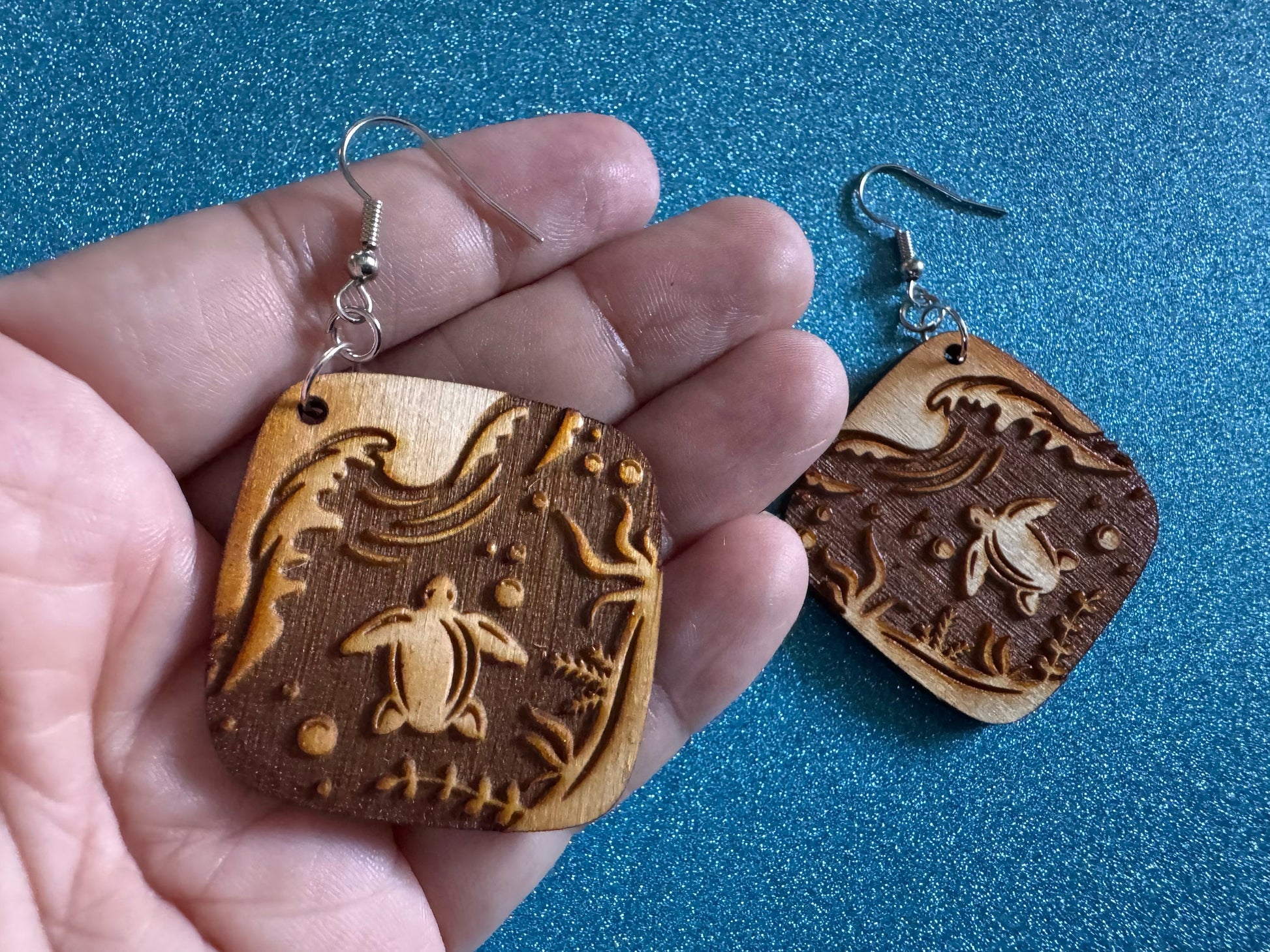 Turtle Earrings: Laser Cut Wooden Sea Creatures, Ocean, Hawaii, Green Sea Turtle, Diving, Divers, Aquatic, Best Gifts for Her/Him/Them