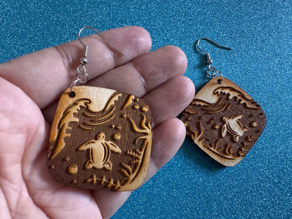 Turtle Earrings: Laser Cut Wooden Sea Creatures, Ocean, Hawaii, Green Sea Turtle, Diving, Divers, Aquatic, Best Gifts for Her/Him/Them
