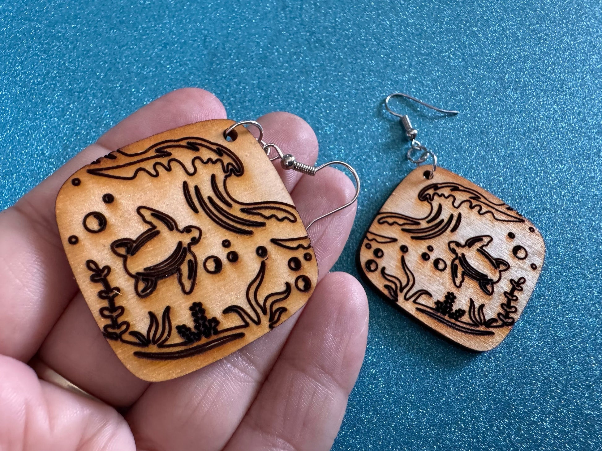 Turtle Earrings: Laser Cut Wooden Sea Creatures, Ocean, Hawaii, Green Sea Turtle, Diving, Divers, Aquatic, Best Gifts for Her/Him/Them