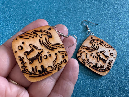 Turtle Earrings: Laser Cut Wooden Sea Creatures, Ocean, Hawaii, Green Sea Turtle, Diving, Divers, Aquatic, Best Gifts for Her/Him/Them