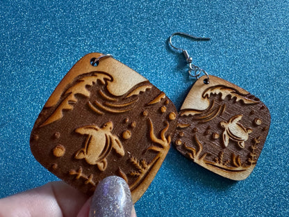 Turtle Earrings: Laser Cut Wooden Sea Creatures, Ocean, Hawaii, Green Sea Turtle, Diving, Divers, Aquatic, Best Gifts for Her/Him/Them