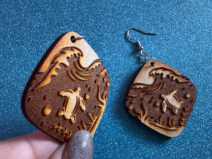 Turtle Earrings: Laser Cut Wooden Sea Creatures, Ocean, Hawaii, Green Sea Turtle, Diving, Divers, Aquatic, Best Gifts for Her/Him/Them