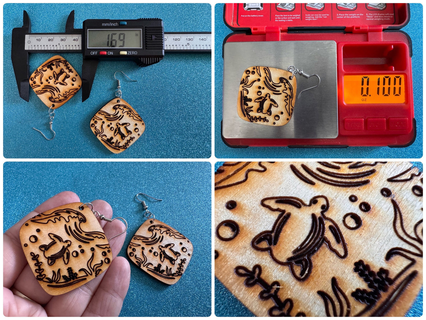 Turtle Earrings: Laser Cut Wooden Sea Creatures, Ocean, Hawaii, Green Sea Turtle, Diving, Divers, Aquatic, Best Gifts for Her/Him/Them