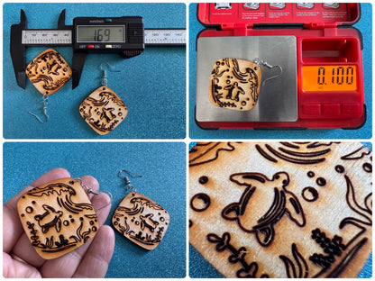 Turtle Earrings: Laser Cut Wooden Sea Creatures, Ocean, Hawaii, Green Sea Turtle, Diving, Divers, Aquatic, Best Gifts for Her/Him/Them