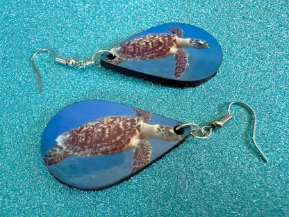 Turtle Earrings: Wooden Sublimated Turtles, Ocean Animals, Sea Creatures, Aquatic, Sea Turtles, Save the Turtles, Gifts for Her/Him/Them