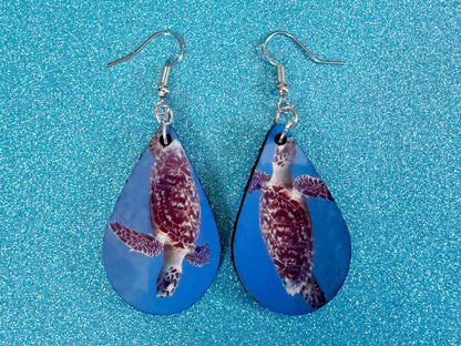 Turtle Earrings: Wooden Sublimated Turtles, Ocean Animals, Sea Creatures, Aquatic, Sea Turtles, Save the Turtles, Gifts for Her/Him/Them
