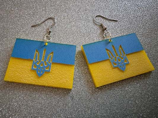 Ukrainian Flag Earrings & Tryzub: Laser Cut Acrylic Flags, Support Ukraine, Peace, Trident, Slava Ukrajini, Best Gifts for Her/Him/Them
