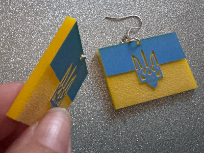 Ukrainian Flag Earrings & Tryzub: Laser Cut Acrylic Flags, Support Ukraine, Peace, Trident, Slava Ukrajini, Best Gifts for Her/Him/Them