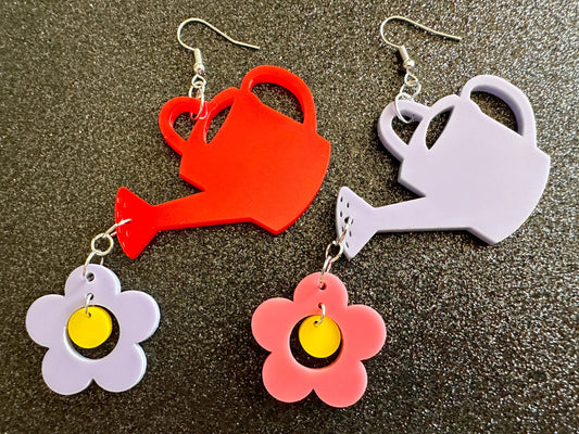 Watering Can Earrings: Laser Cut Acrylic Flowers, Garden, Floral, Plants, Best Gifts for Her/Him/Them