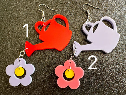 Watering Can Earrings: Laser Cut Acrylic Flowers, Garden, Floral, Plants, Best Gifts for Her/Him/Them