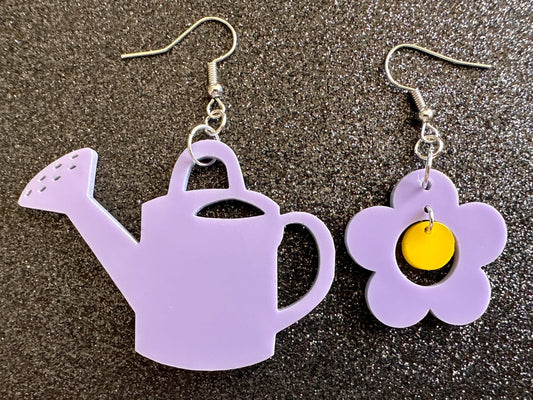 Watering Can Earrings: Laser Cut Acrylic Flowers, Purple Flower, Botany, Garden, Floral, Plants, Best Gifts for Her/Him/Them