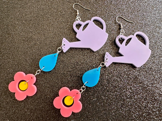 Watering Can Earrings: Laser Cut Acrylic Flowers, Rain Drop, Garden, Floral, Plants, Best Gifts for Her/Him/Them