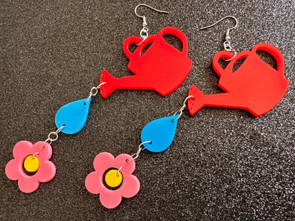 Watering Can Earrings: Laser Cut Acrylic Flowers, Rain Drop, Garden, Floral, Plants, Best Gifts for Her/Him/Them