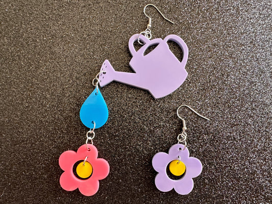 Watering Can Earrings: Laser Cut Acrylic Flowers, Rain Drop, Garden, Floral, Plants, Best Gifts for Her/Him/Them