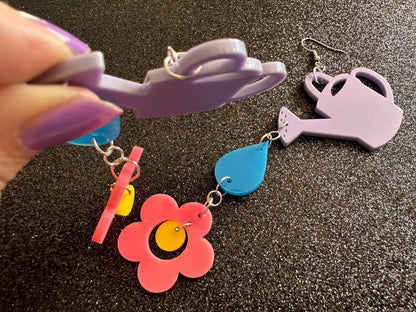 Watering Can Earrings: Laser Cut Acrylic Flowers, Rain Drop, Garden, Floral, Plants, Best Gifts for Her/Him/Them