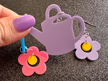 Watering Can Earrings: Laser Cut Acrylic Flowers, Rain Drop, Garden, Floral, Plants, Best Gifts for Her/Him/Them