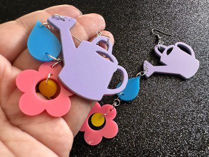 Watering Can Earrings: Laser Cut Acrylic Flowers, Rain Drop, Garden, Floral, Plants, Best Gifts for Her/Him/Them