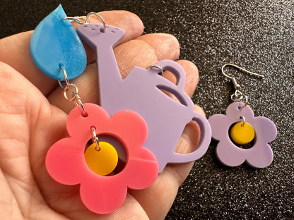 Watering Can Earrings: Laser Cut Acrylic Flowers, Rain Drop, Garden, Floral, Plants, Best Gifts for Her/Him/Them