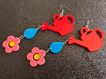 Watering Can Earrings: Laser Cut Acrylic Flowers, Rain Drop, Garden, Floral, Plants, Best Gifts for Her/Him/Them