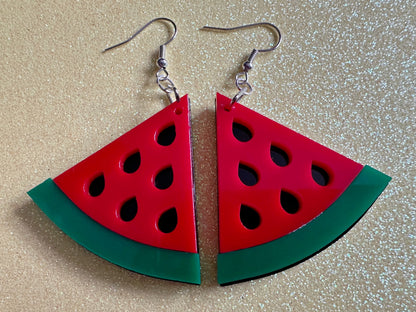 Watermelon Earrings: Laser Cut Acrylic Watermelons, Fruit, Summer Vibes, Food Earrings, Green Earrings, Sugar, Gifts for Her/Him/Them
