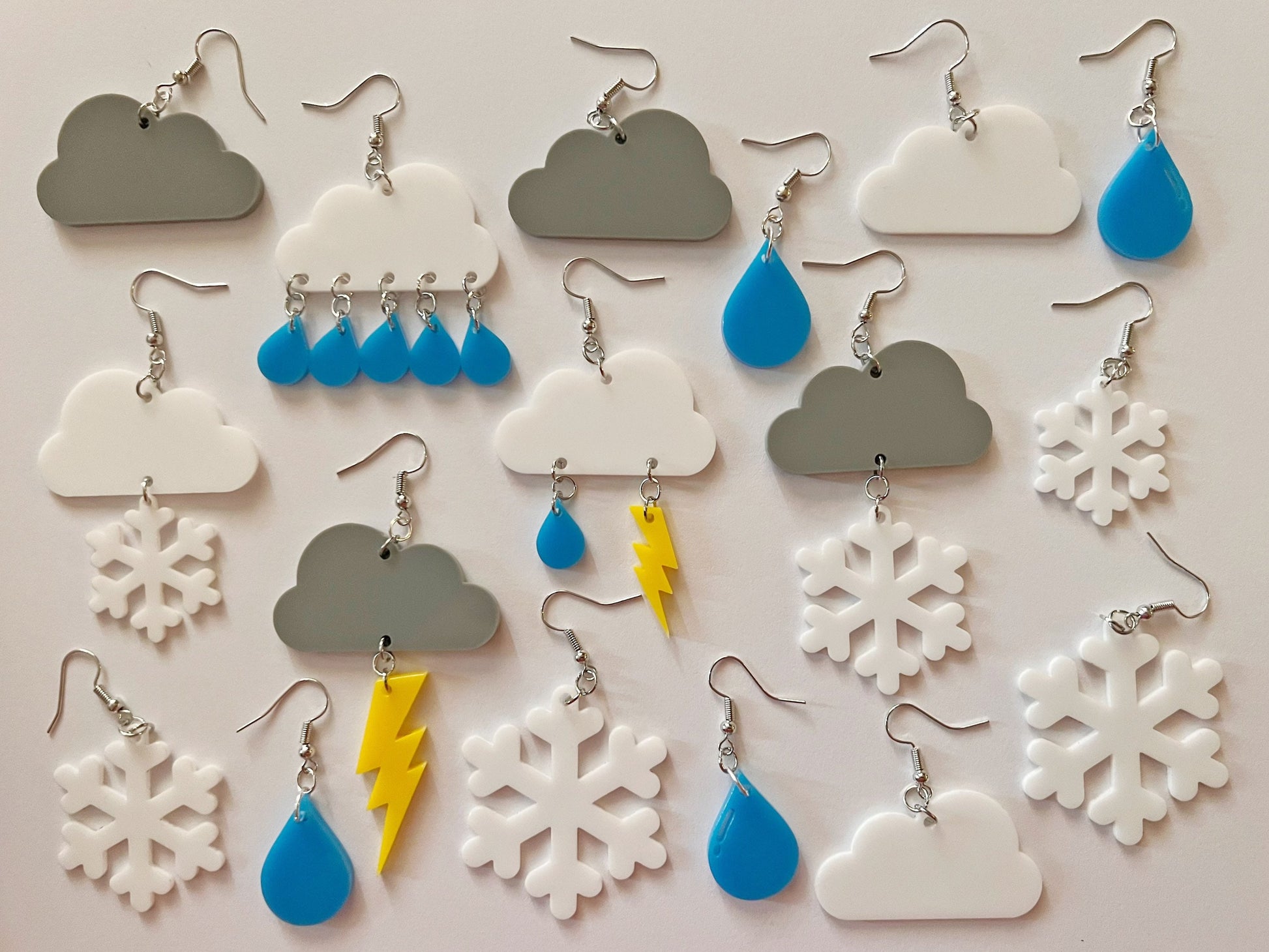 Weather Earrings: Laser Cut Acrylic Clouds, Rain Drops, Raindrops, Lightning, Snowflakes, Storm, Climate, Best Gifts for Her/Him/Them