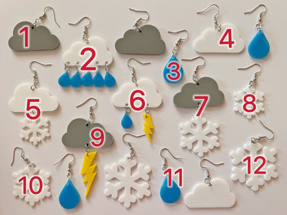 Weather Earrings: Laser Cut Acrylic Clouds, Rain Drops, Raindrops, Lightning, Snowflakes, Storm, Climate, Best Gifts for Her/Him/Them