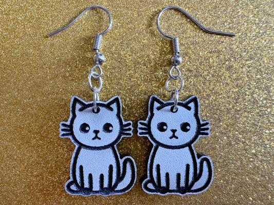 White Cat Earrings: Laser Cut Acrylic Cats, Kitty, Kitten, Pussy Cat, Animal, Feline, Black Cat, White Cat, Best Gifts for Her/Him/Them