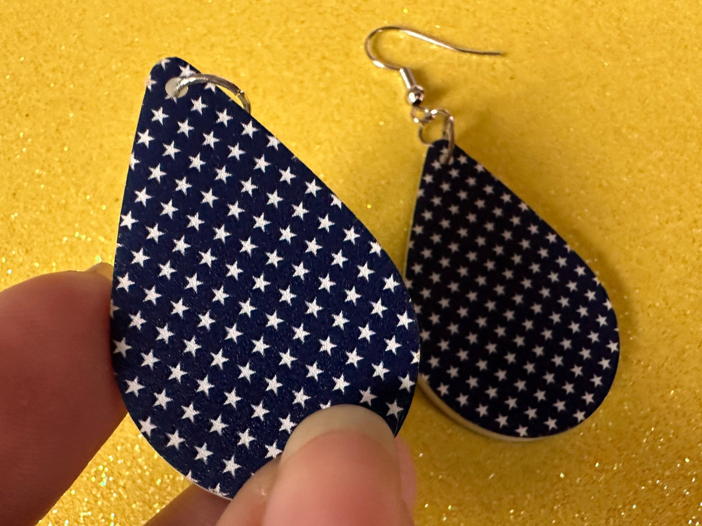 White Star Earrings: Laser Cut Acrylic Stars, US Flag, Blue & White Stars, Flag Stars, Blue Flag White Stars, Best Gifts for Her/Him/Them