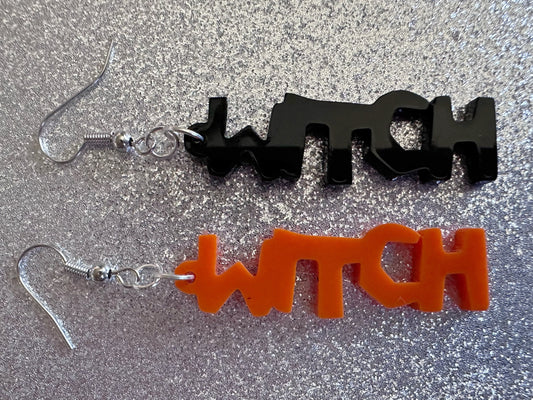 Witch Earrings: Laser Cut Acrylic Halloween Text, Black, Orange, Scary, Spooktastic, Best Gifts for Her/Him/Them