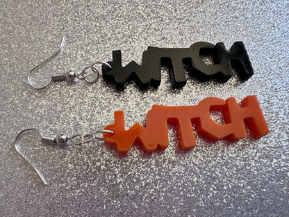 Witch Earrings: Laser Cut Acrylic Halloween Text, Black, Orange, Scary, Spooktastic, Best Gifts for Her/Him/Them
