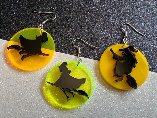 Witch Flying on Broom Full Moon Earrings: Laser Cut Acrylic Halloween Earrings, Silhouette Witches, Horror, Scary, Gifts for Her/Him/Them