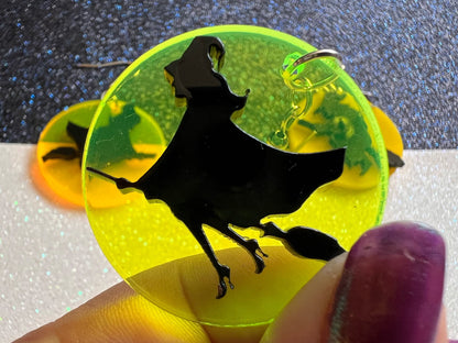 Witch Flying on Broom Full Moon Earrings: Laser Cut Acrylic Halloween Earrings, Silhouette Witches, Horror, Scary, Gifts for Her/Him/Them