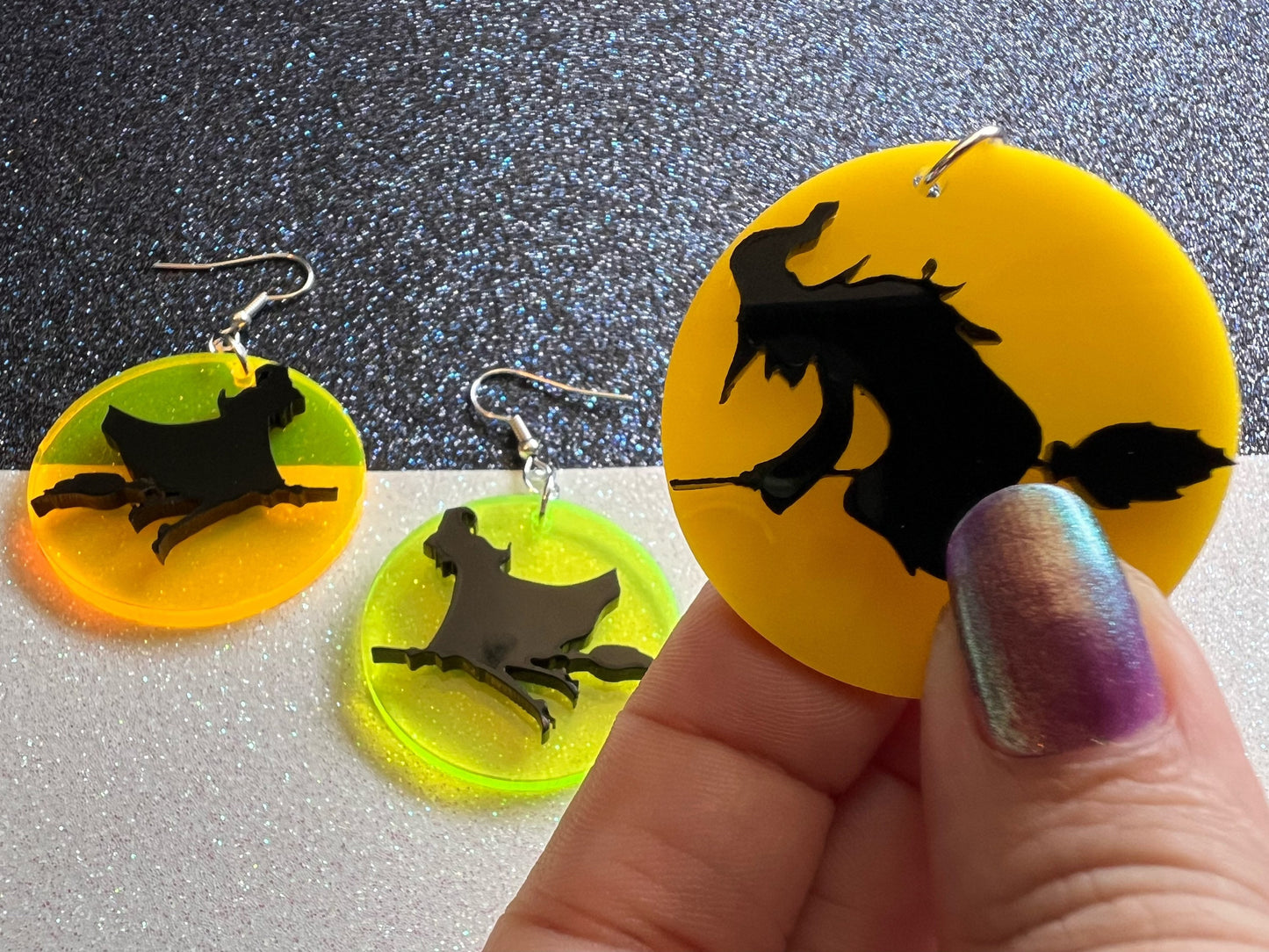 Witch Flying on Broom Full Moon Earrings: Laser Cut Acrylic Halloween Earrings, Silhouette Witches, Horror, Scary, Gifts for Her/Him/Them