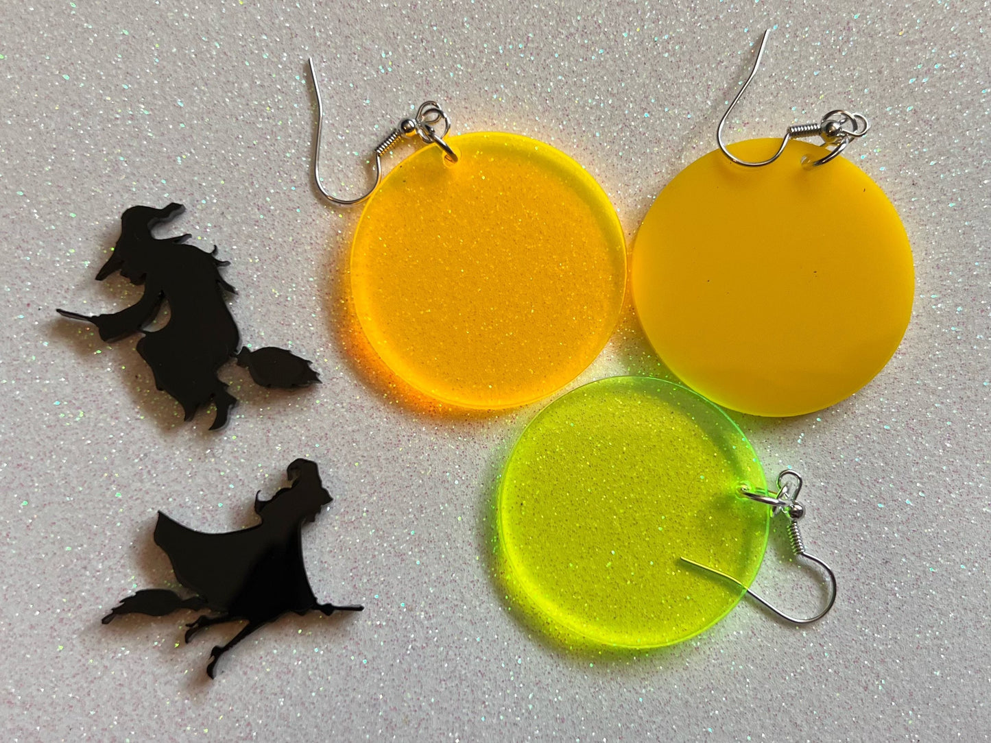 Witch Flying on Broom Full Moon Earrings: Laser Cut Acrylic Halloween Earrings, Silhouette Witches, Horror, Scary, Gifts for Her/Him/Them
