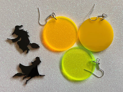 Witch Flying on Broom Full Moon Earrings: Laser Cut Acrylic Halloween Earrings, Silhouette Witches, Horror, Scary, Gifts for Her/Him/Them