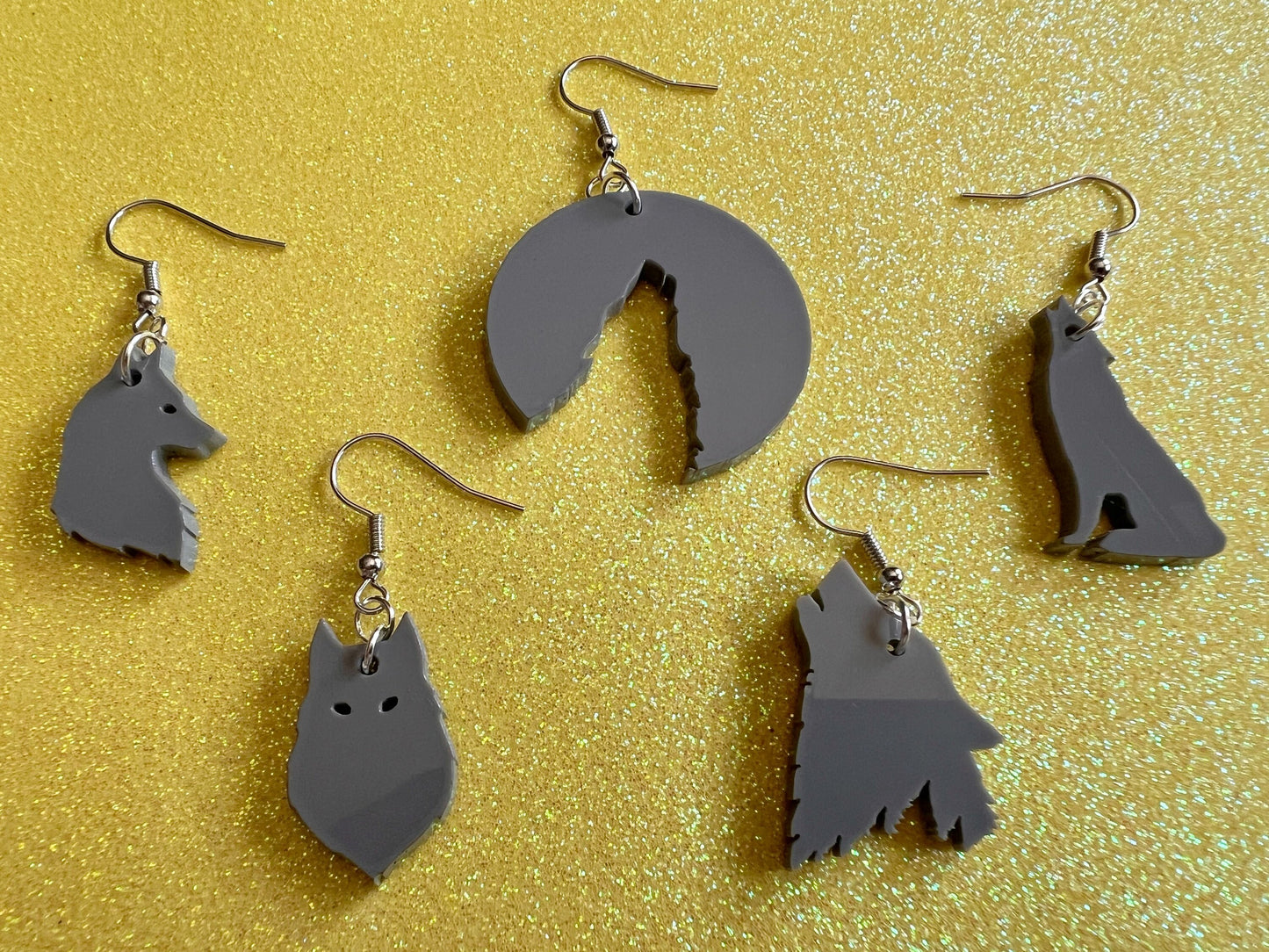 Wolf Earrings: Laser Cut Acrylic Wolves Howling at Moon, Halloween, Holiday, Dog, Canine, Horror, Scary, Spooky, Best Gifts for Her/Him/Them