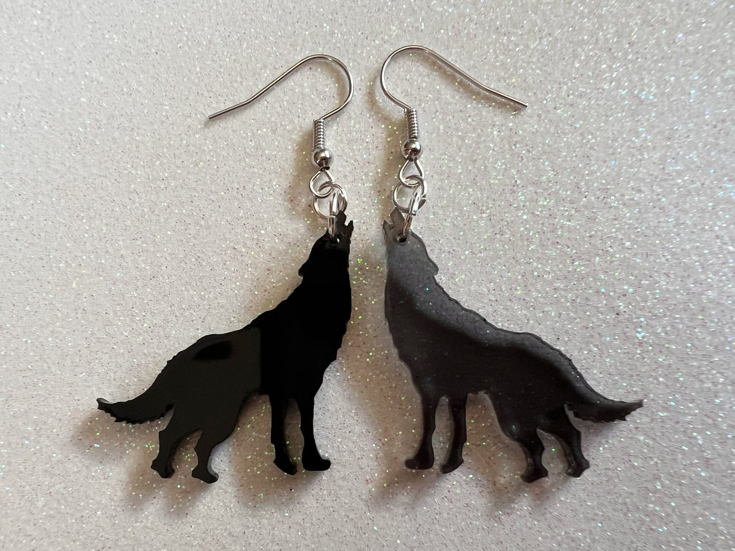 Wolf Earrings: Laser Cut Acrylic Wolves Howling at Moon, Halloween, Holiday, Dog, Canine, Horror, Scary, Spooky, Best Gifts for Her/Him/Them