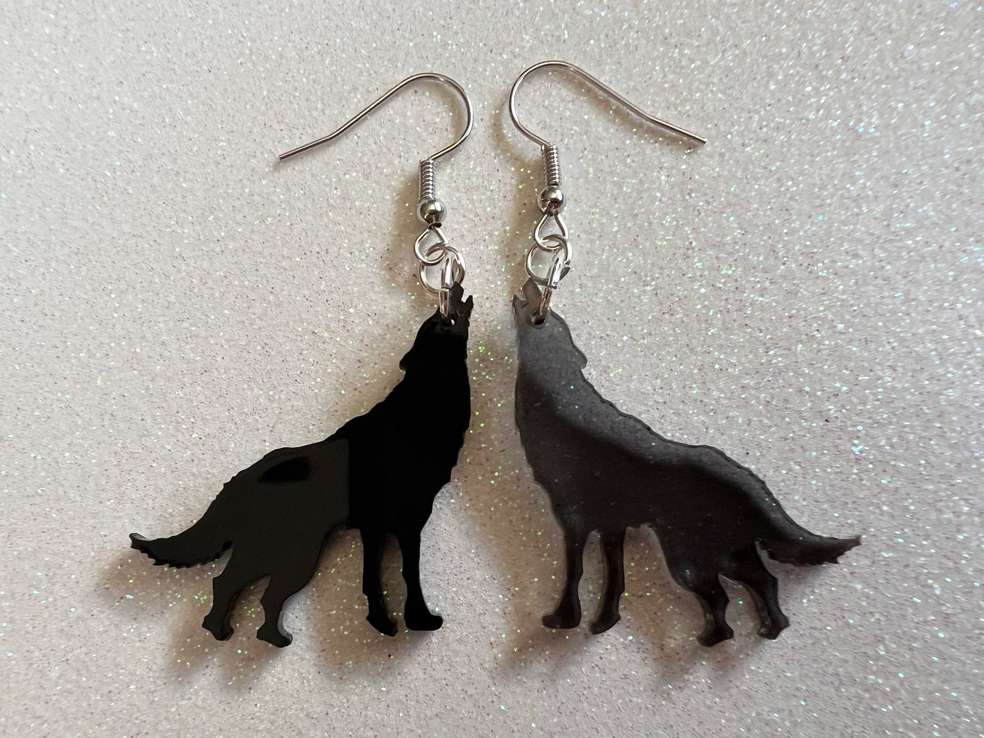 Wolf Earrings: Laser Cut Acrylic Wolves Howling at Moon, Halloween, Holiday, Dog, Canine, Horror, Scary, Spooky, Best Gifts for Her/Him/Them