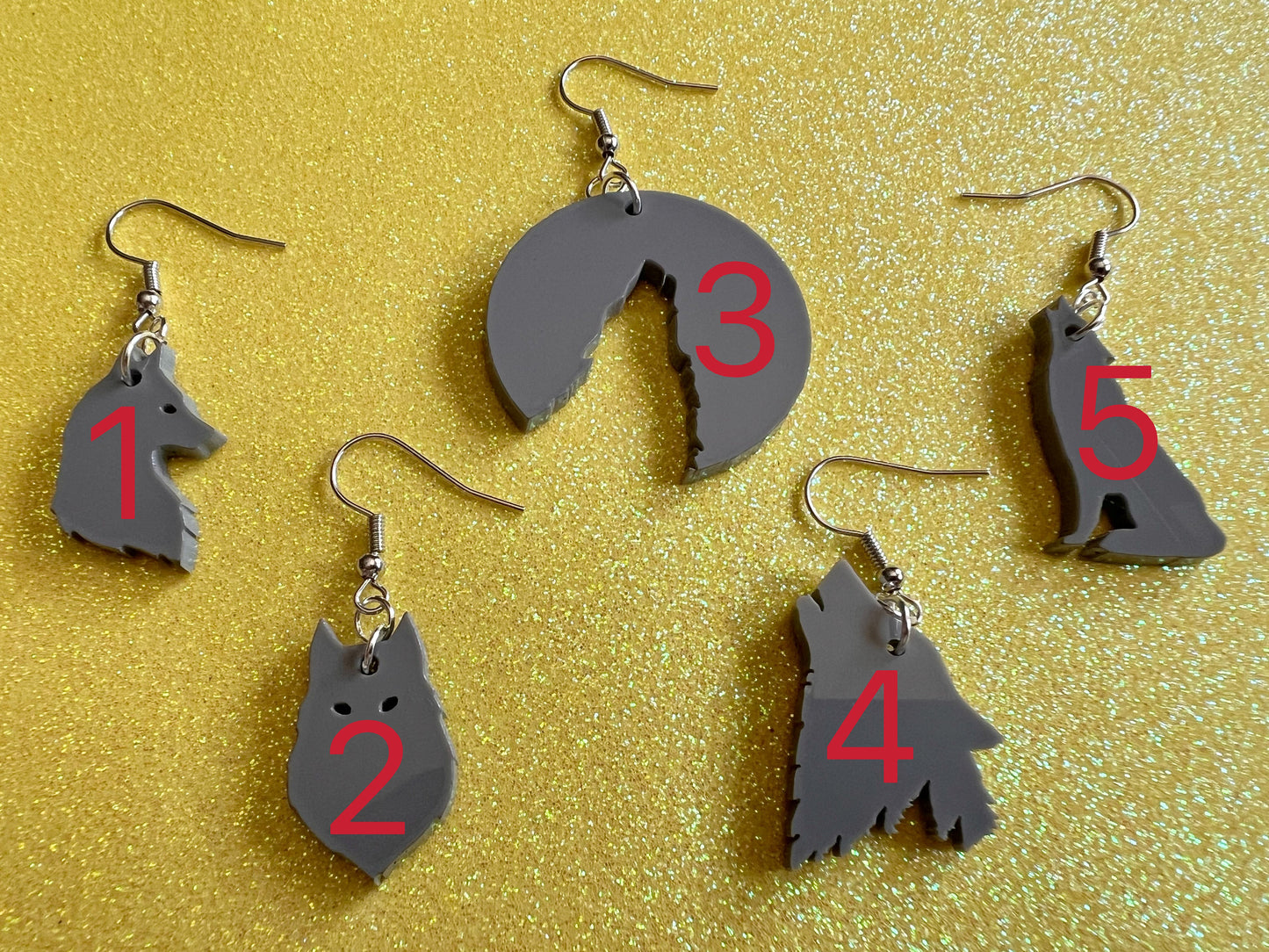 Wolf Earrings: Laser Cut Acrylic Wolves Howling at Moon, Halloween, Holiday, Dog, Canine, Horror, Scary, Spooky, Best Gifts for Her/Him/Them