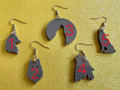 Wolf Earrings: Laser Cut Acrylic Wolves Howling at Moon, Halloween, Holiday, Dog, Canine, Horror, Scary, Spooky, Best Gifts for Her/Him/Them
