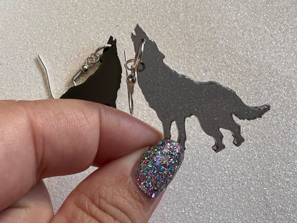 Wolf Earrings: Laser Cut Acrylic Wolves Howling at Moon, Halloween, Holiday, Dog, Canine, Horror, Scary, Spooky, Best Gifts for Her/Him/Them