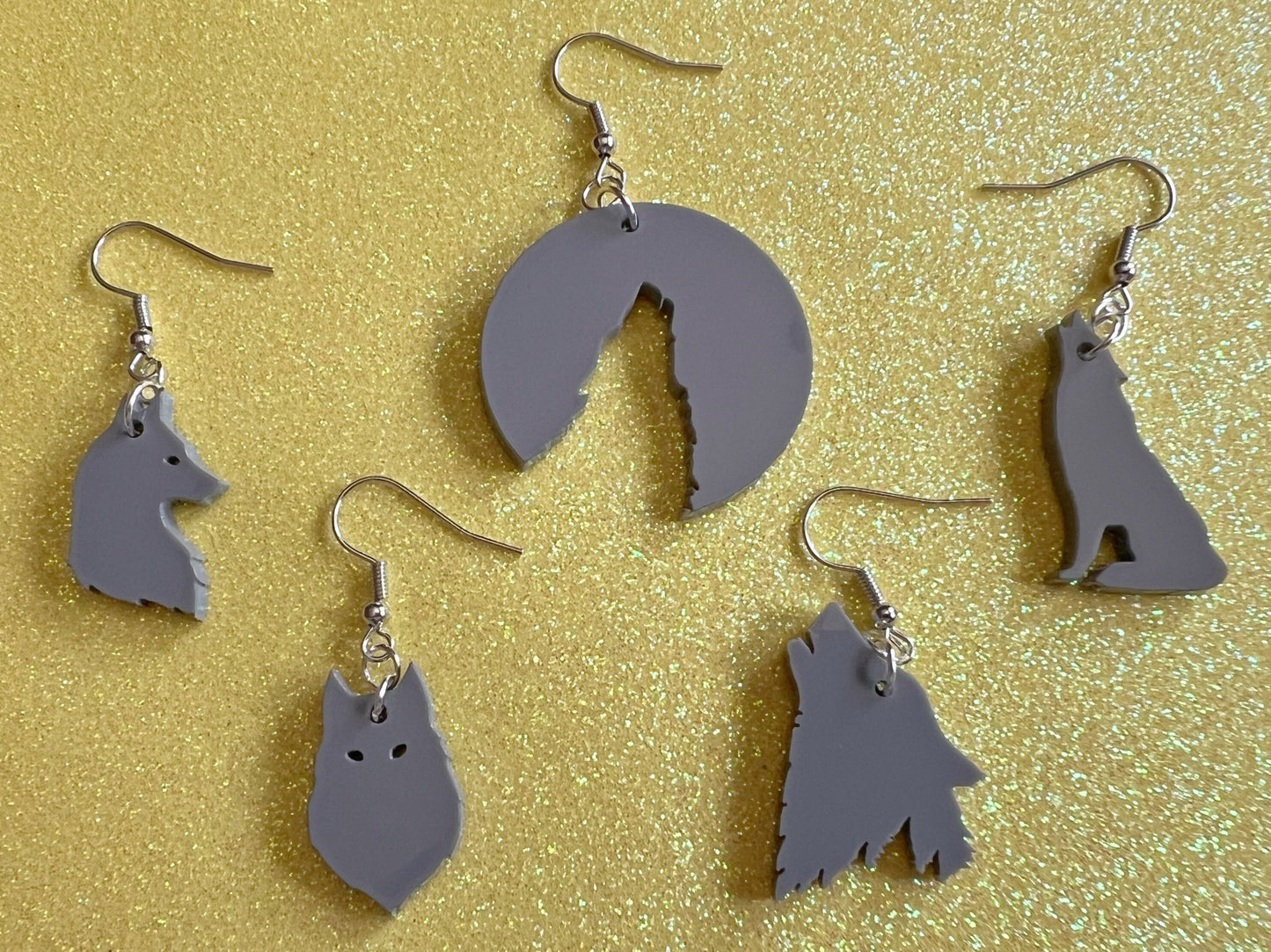 Wolf Earrings: Laser Cut Acrylic Wolves Howling at Moon, Halloween, Holiday, Dog, Canine, Horror, Scary, Spooky, Best Gifts for Her/Him/Them
