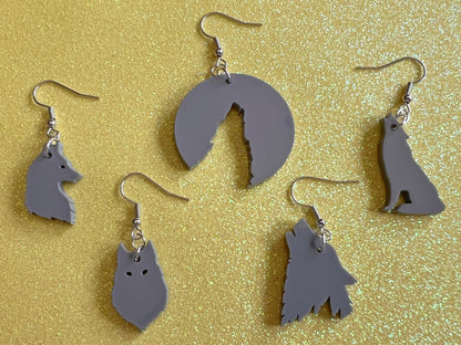 Wolf Earrings: Laser Cut Acrylic Wolves Howling at Moon, Halloween, Holiday, Dog, Canine, Horror, Scary, Spooky, Best Gifts for Her/Him/Them