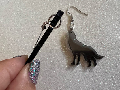 Wolf Earrings: Laser Cut Acrylic Wolves Howling at Moon, Halloween, Holiday, Dog, Canine, Horror, Scary, Spooky, Best Gifts for Her/Him/Them