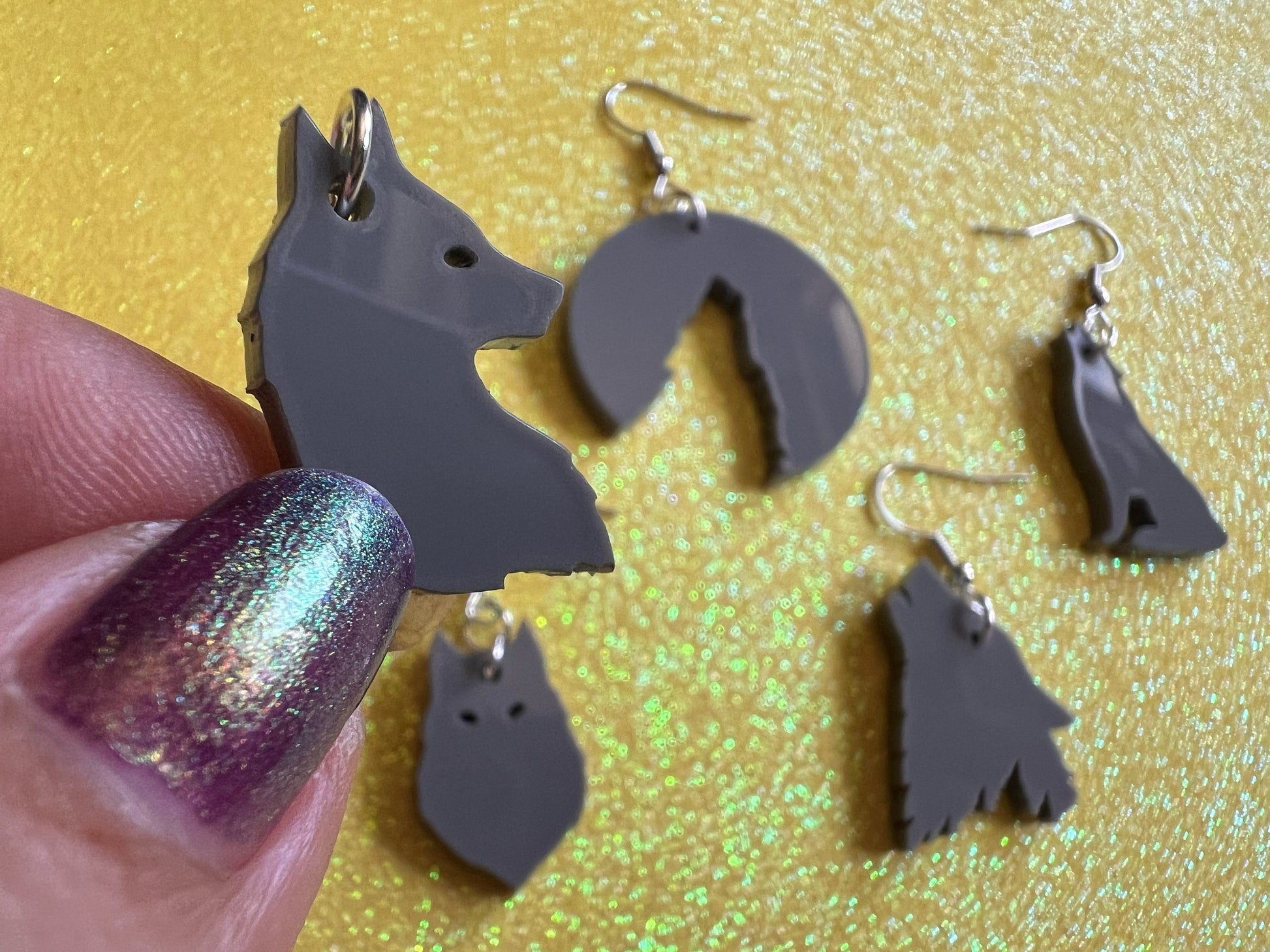 Wolf Earrings: Laser Cut Acrylic Wolves Howling at Moon, Halloween, Holiday, Dog, Canine, Horror, Scary, Spooky, Best Gifts for Her/Him/Them