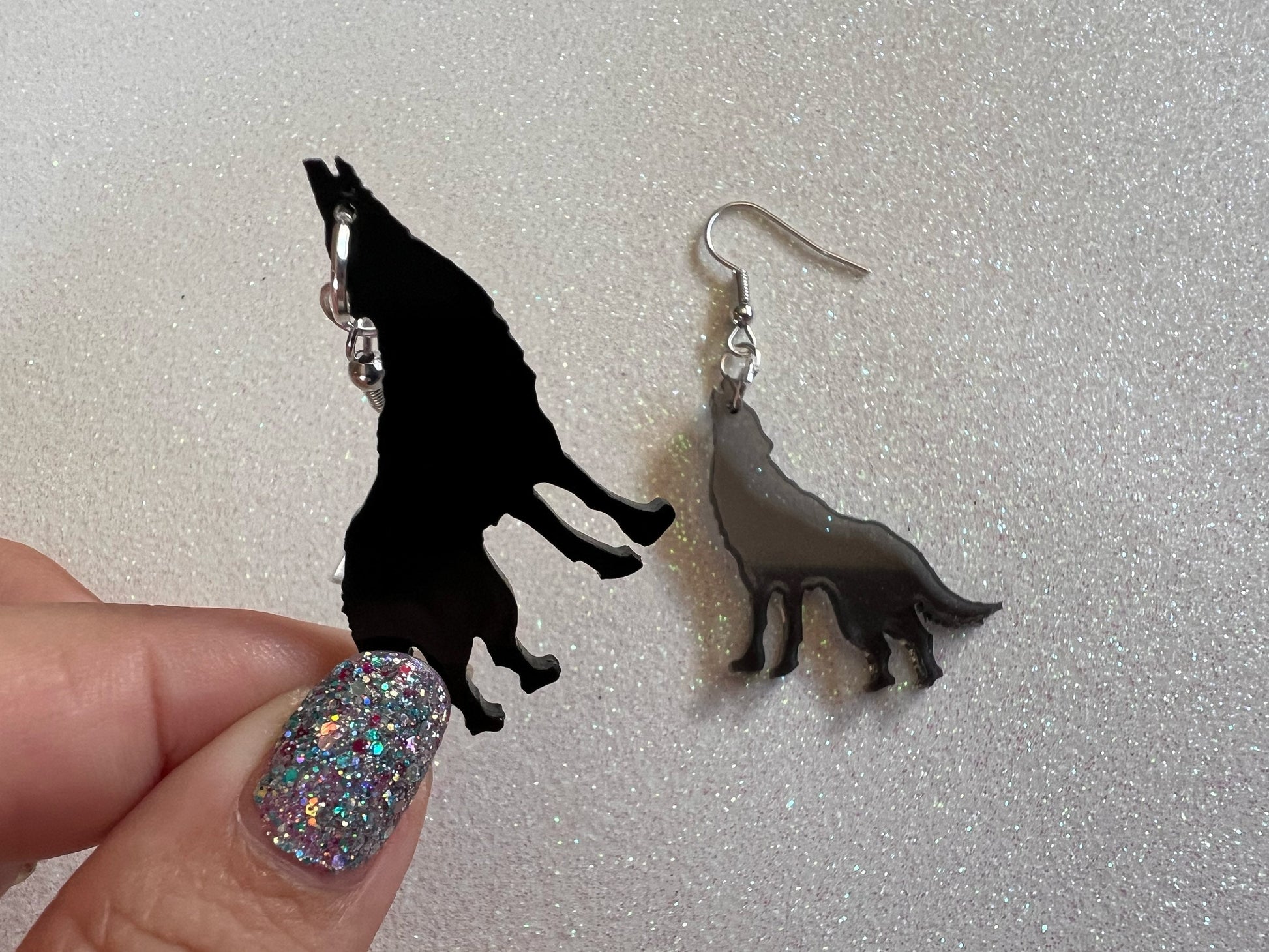 Wolf Earrings: Laser Cut Acrylic Wolves Howling at Moon, Halloween, Holiday, Dog, Canine, Horror, Scary, Spooky, Best Gifts for Her/Him/Them