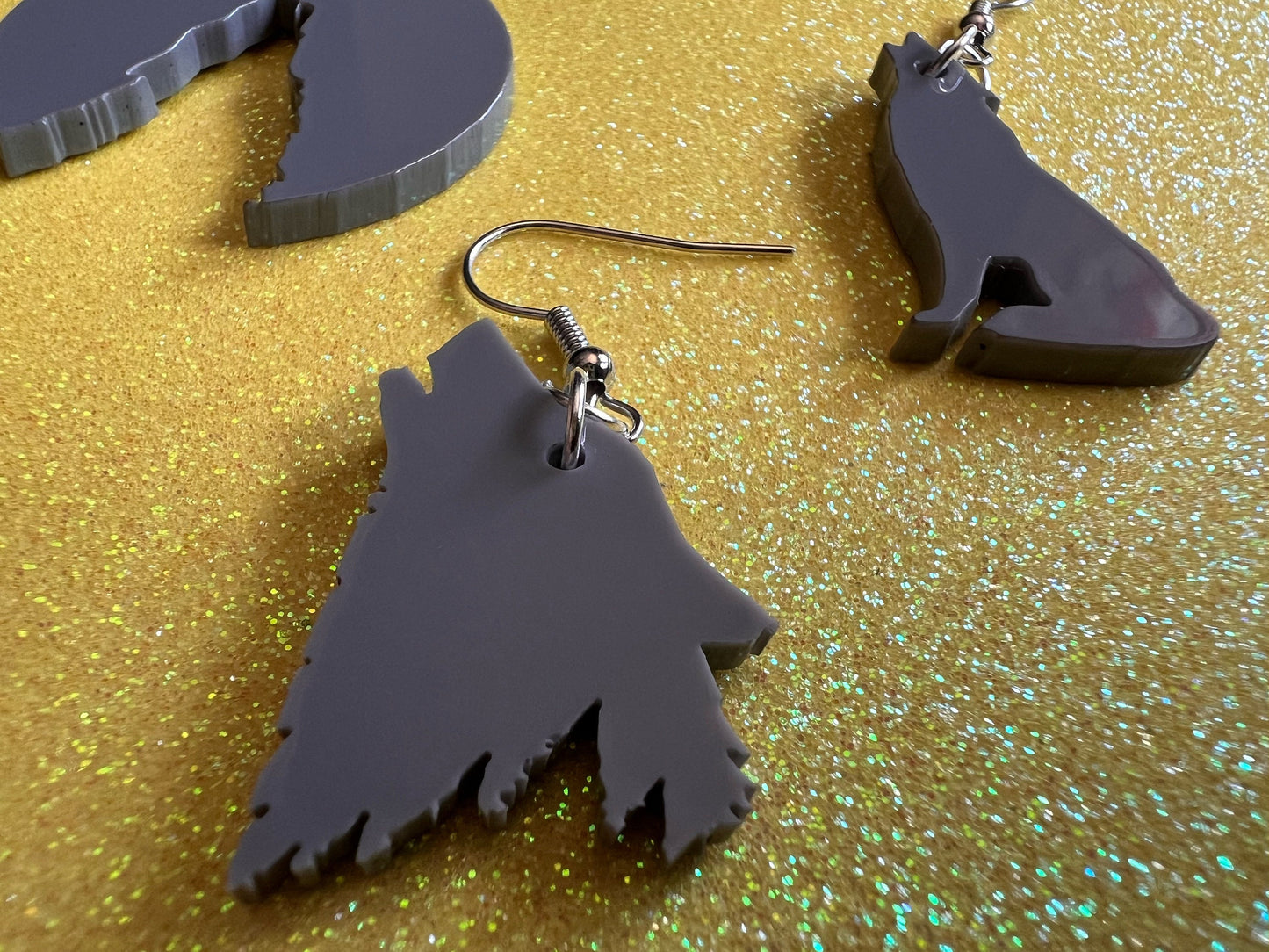 Wolf Earrings: Laser Cut Acrylic Wolves Howling at Moon, Halloween, Holiday, Dog, Canine, Horror, Scary, Spooky, Best Gifts for Her/Him/Them