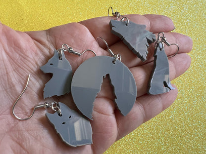 Wolf Earrings: Laser Cut Acrylic Wolves Howling at Moon, Halloween, Holiday, Dog, Canine, Horror, Scary, Spooky, Best Gifts for Her/Him/Them