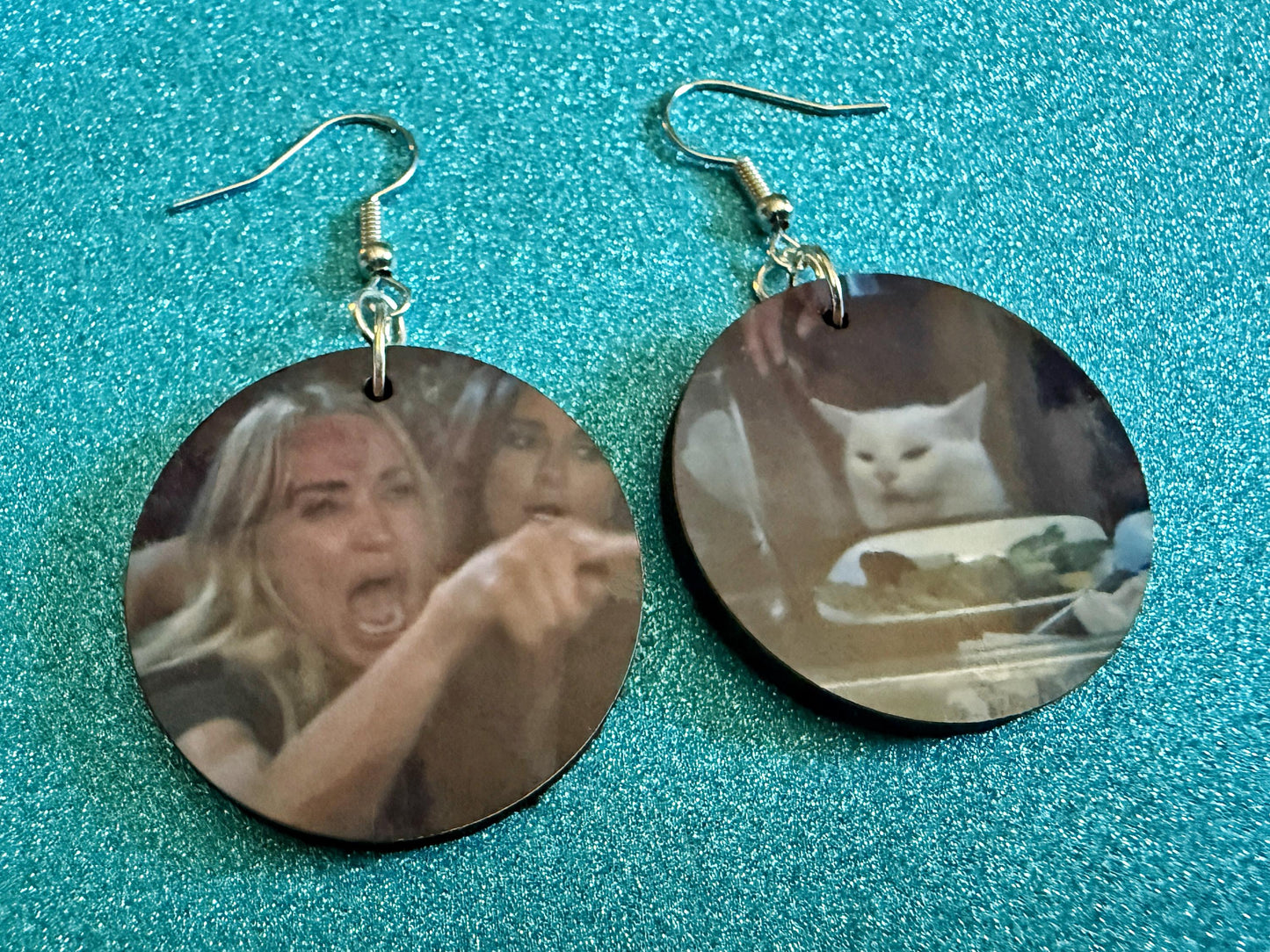 Woman Yelling At A Cat Meme Earrings: Wooden Sublimated Meme Earrings, Cat Memes, Smudge, Novelty, Pop Culture, Best Gifts for Her/Him/Them